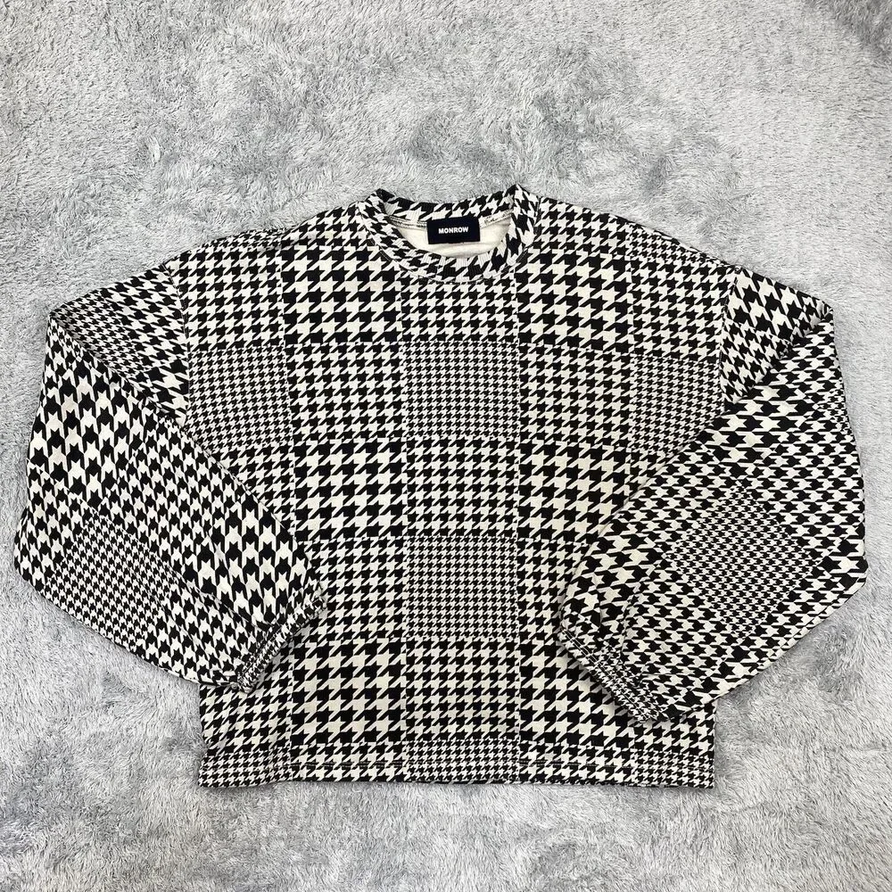 Monrow Shirt Women Small Black Houndstooth Sweatshirt Sweater Puff Sleeve USA - Picture 1 of 14
